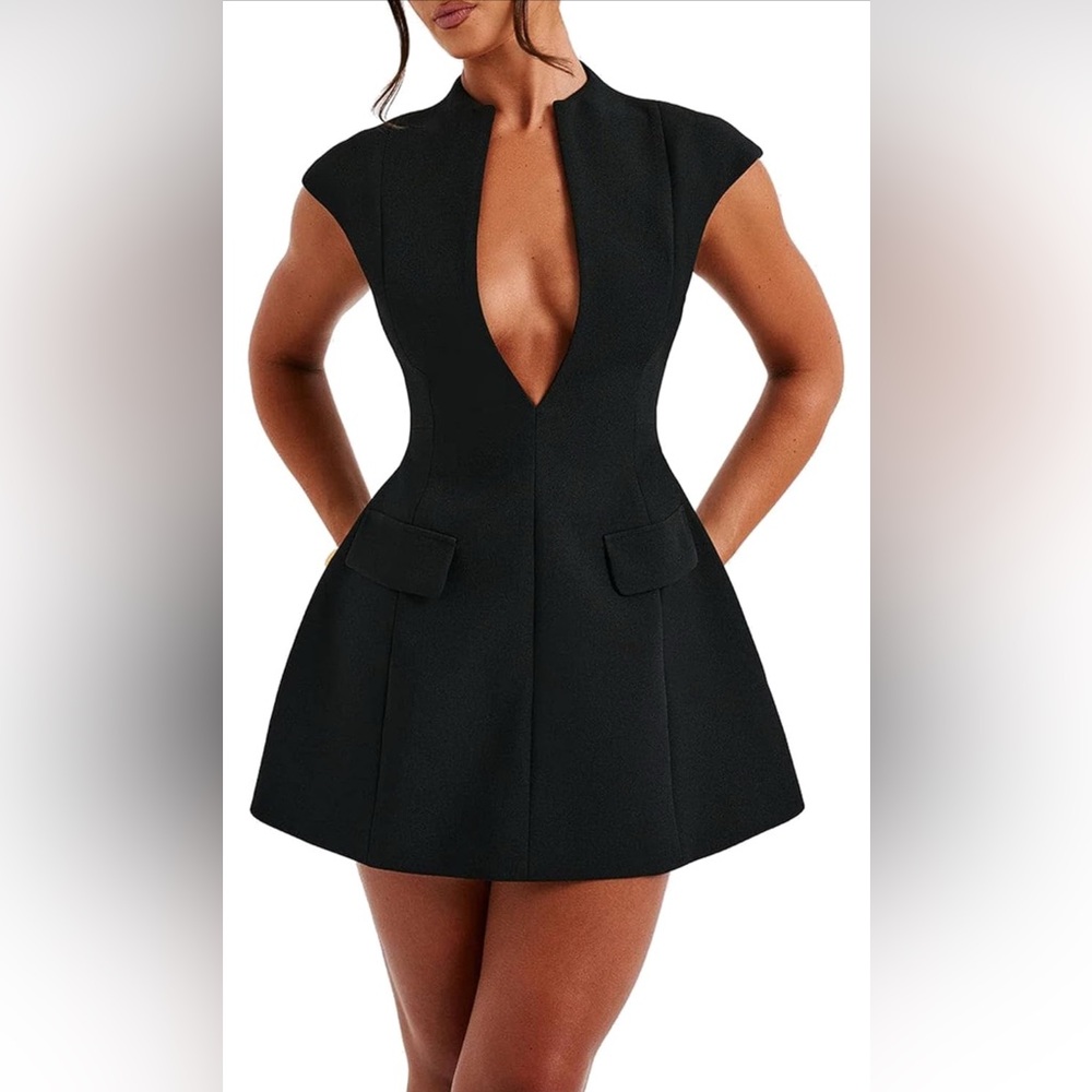 LuFeng Sexy Cap Sleeve Deep V Neck Zipper A-line Hollow Night Out Party Dress